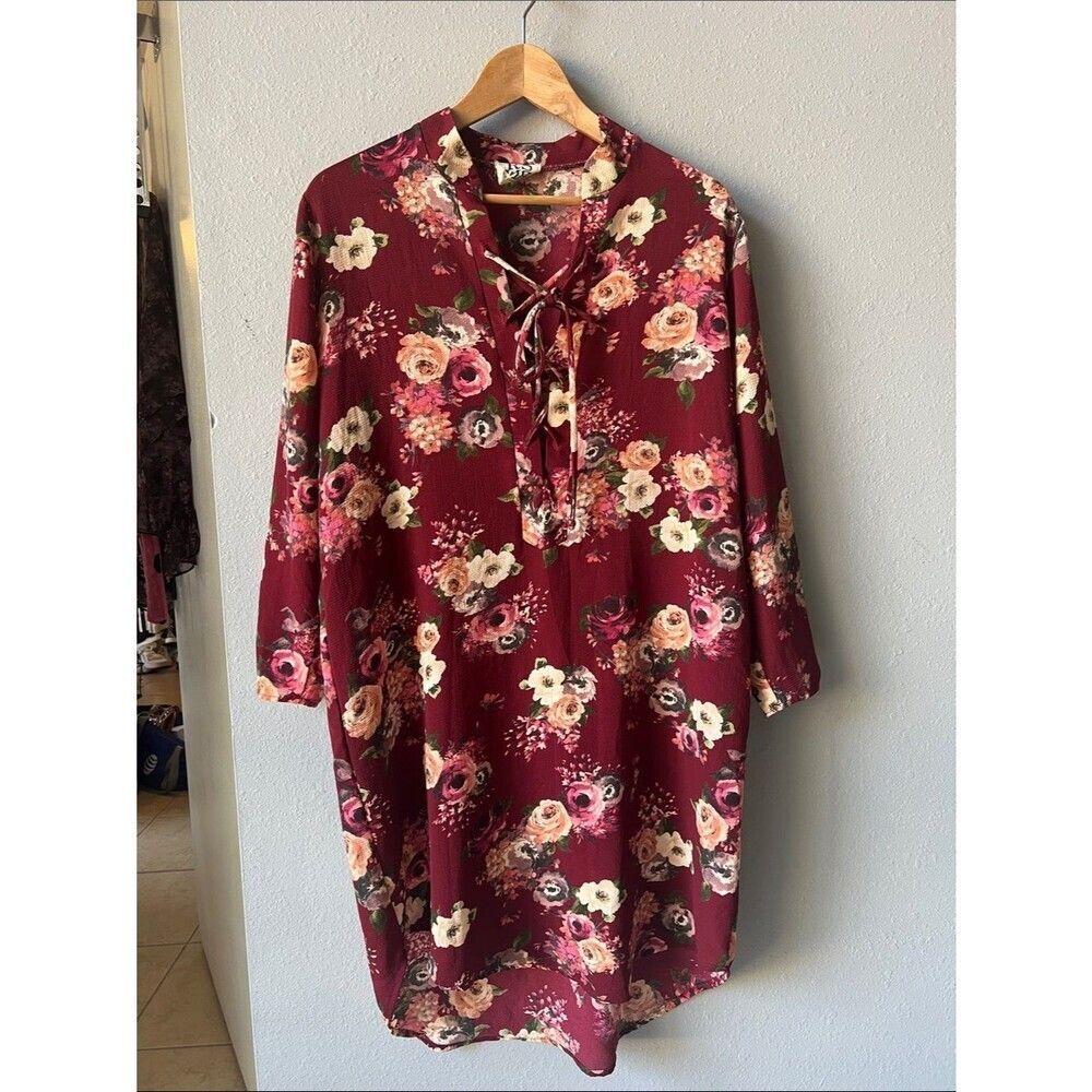 Women's Burgundy Floral Lace-Up Long Sleeve Dress